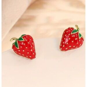 Red Strawberry Enamel Stud Earrings Gold Tone Fruit Jewelry Whimsical Berry